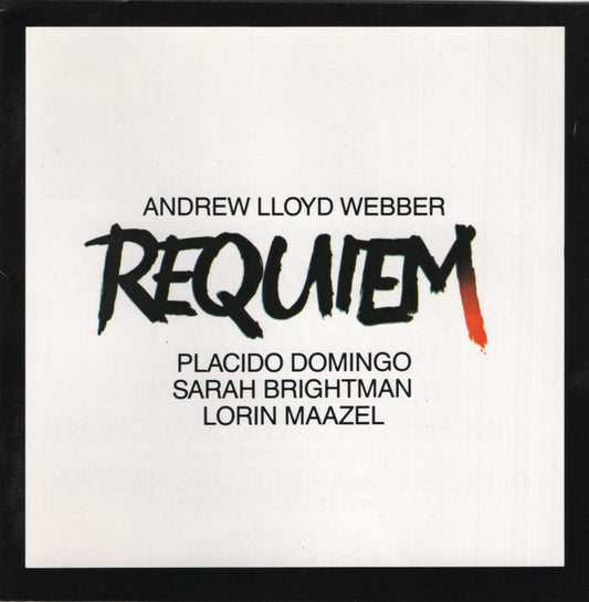 Album cover for Andrew Lloyd Webber's Requiem, featuring black text on a white background with a black border. The title 'REQUIEM' is written in a large, brush-stroke style font with a red accent on the letter 'm'.