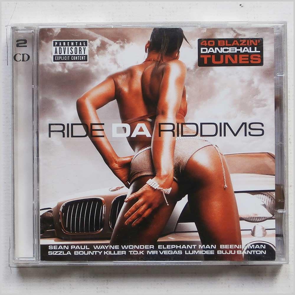 CD album cover for 'Ride Da Riddims' featuring a woman posing in front of a car, shown inside a clear jewel case on a light background.