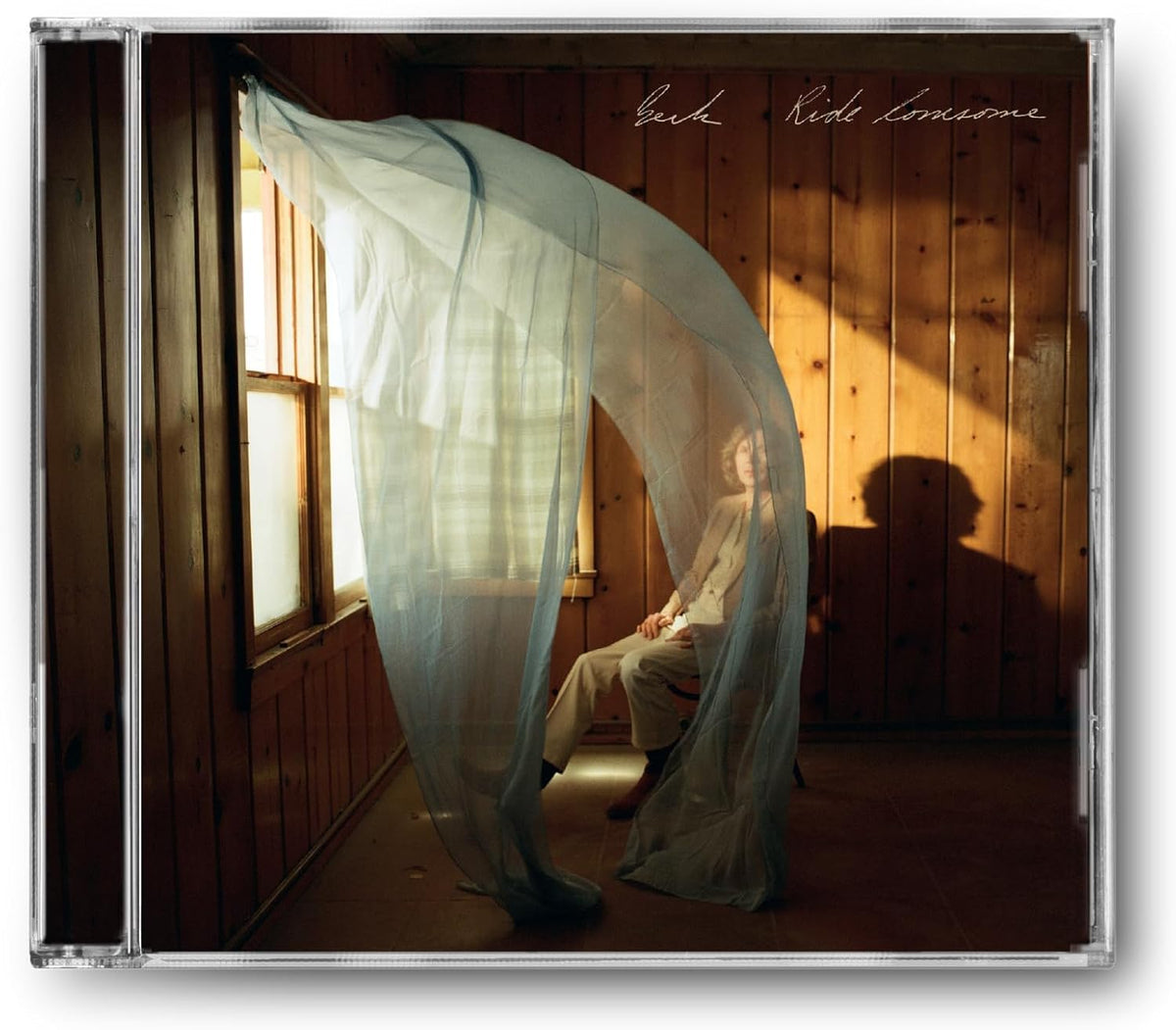CD cover for Richard D. James's album 'Sad', featuring a seated woman under a sheer white curtain in a wood-paneled room with dramatic warm sunlight and shadows.