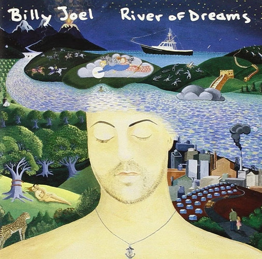 Album cover for 'River of Dreams' by Billy Joel with a stylized landscape and face.