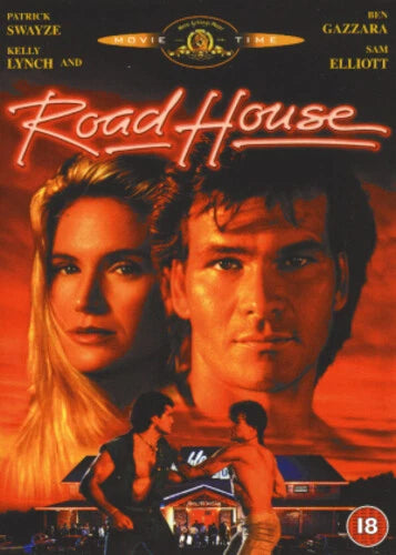 Movie poster for 'Road House' featuring a man and woman with a neon sign and building in the background.