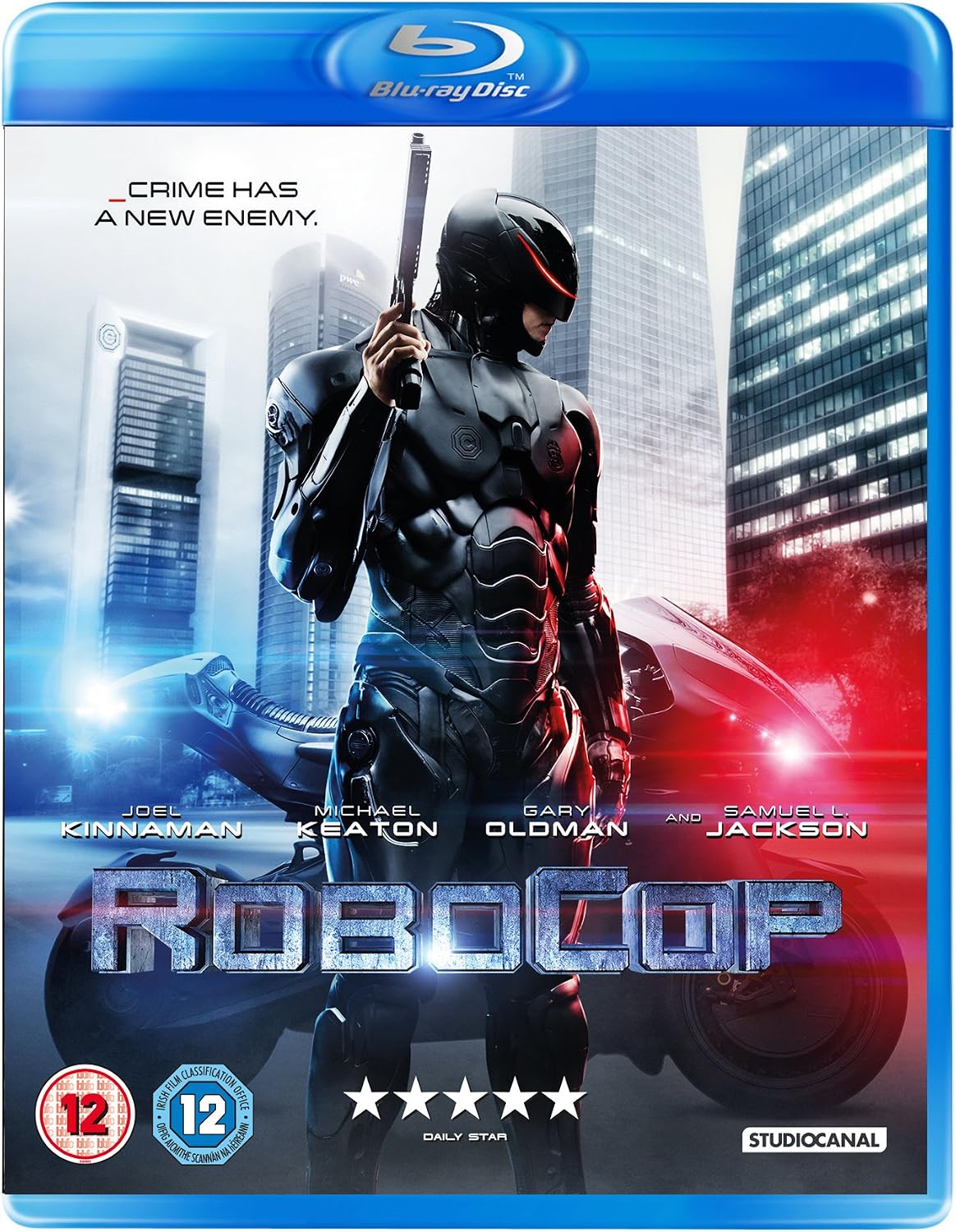 Blu-ray movie cover for RoboCop, showing the character in black futuristic armor holding a rifle, with city buildings, a red car, and the title 'RoboCop' across the bottom. Blu-ray Disc branding and StudioCanal logos are visible.