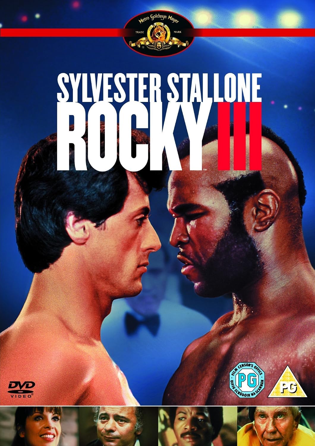 Rocky III DVD cover featuring Sylvester Stallone in a face-to-face portrait with the title 'Sylvester Stallone Rocky III' in large white and red text against a blue background, with a DVD logo and age rating icons.