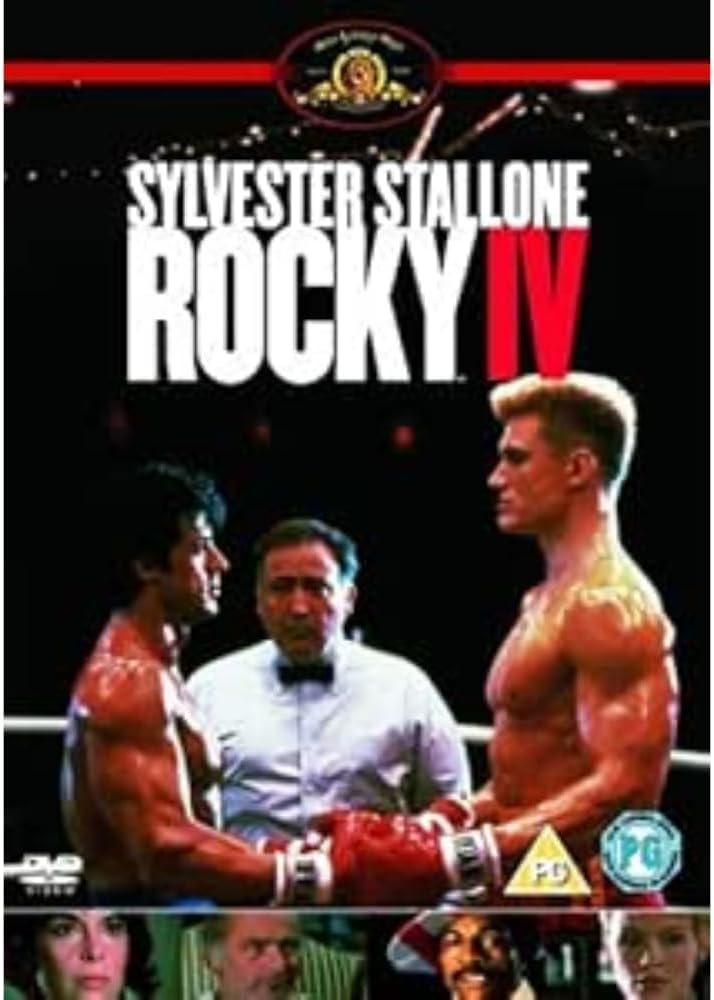 Rocky IV DVD cover featuring Sylvester Stallone in the boxing ring with the title 'SYLVESTER STALLONE ROCKY IV' in large white and red text, plus a DVD Video logo and age rating marks.