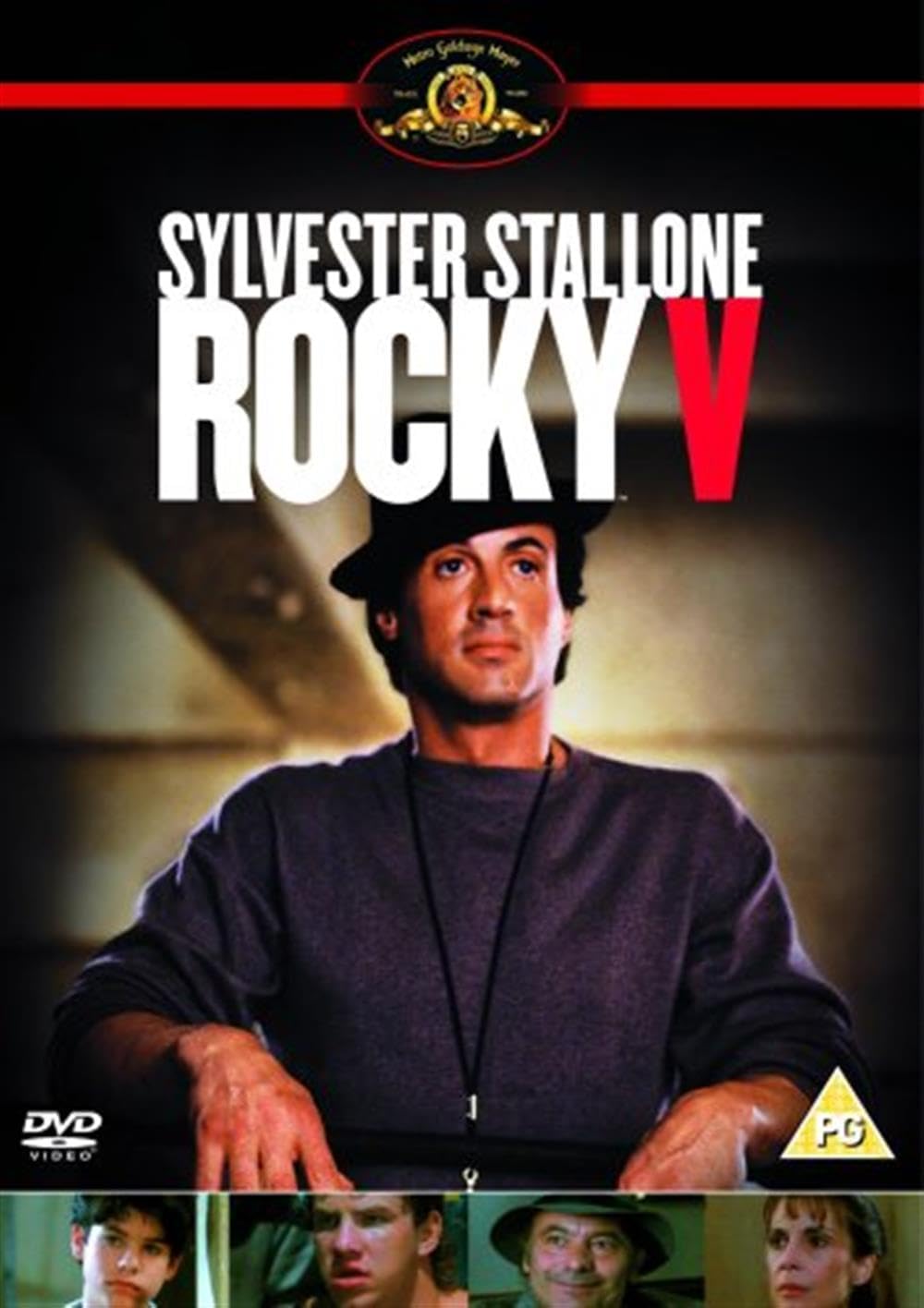 Rocky V DVD movie cover featuring Sylvester Stallone in a dark sweater and hat, with the title 'Sylvester Stallone Rocky V' in large white and red text on a dark background. A DVD Video logo appears at bottom left, and a yellow P9 rating icon is at bottom right.