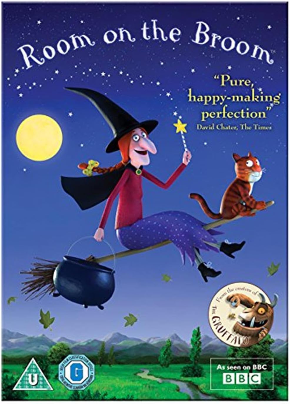 Front cover of the children's book 'Room on the Broom' featuring a colorful cartoon illustration of a witch riding a broomstick with her cat, set against a starry night sky and green landscape. Includes BBC logos and age rating badges at the bottom.