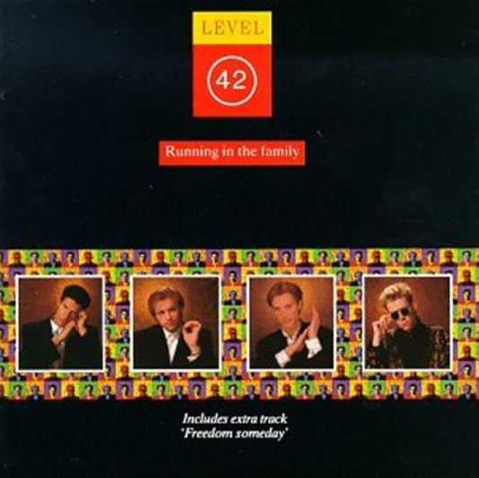 Album cover for 'Running in the Family' by Level 42 with a colorful border and portraits of band members.