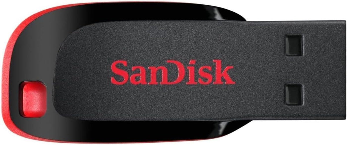 SanDisk USB flash drive with red accents on a black background