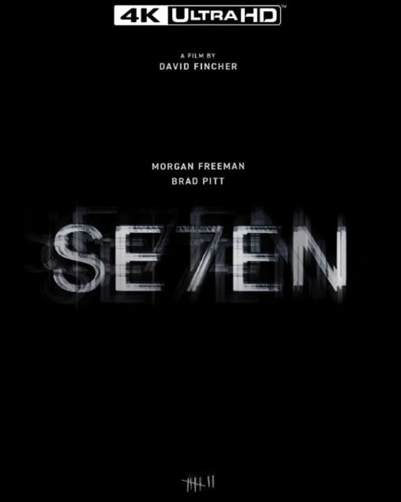 A 4K Ultra HD Blu-ray cover for the movie 'Seven' featuring a black and white design with the title text and the names of the cast members, David Fincher as director, and Brad Pitt as one of the actors.