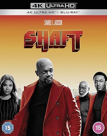 Blu-ray cover of 'Shaft' featuring a man in a red coat with other characters against a yellow background.