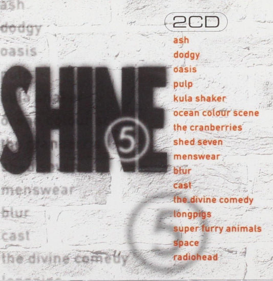 Album cover for 'SHINE 5' featuring a list of artists on a textured background.