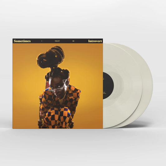 Vinyl record with a cover featuring a person in a checkered outfit on a yellow background