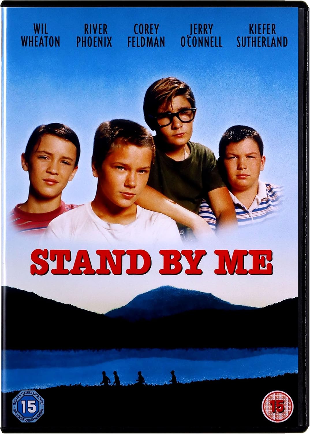 DVD cover of 'Stand By Me' with four young actors and a scenic background.