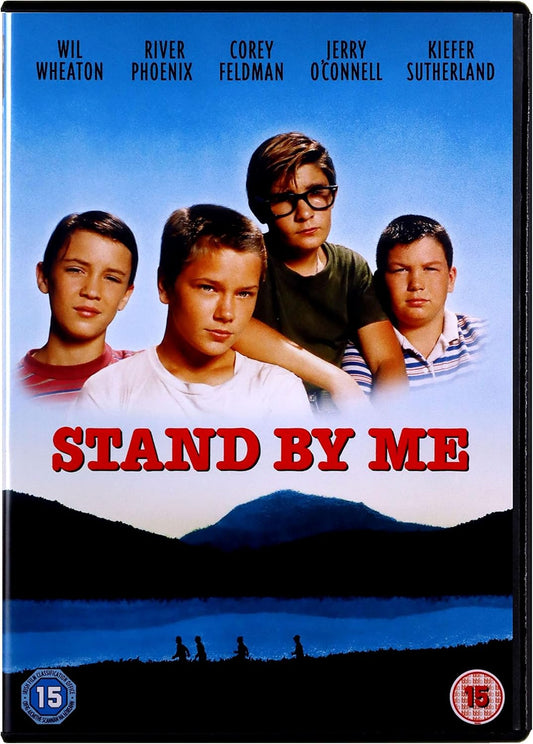 DVD cover of 'Stand By Me' with four young actors and a scenic background.