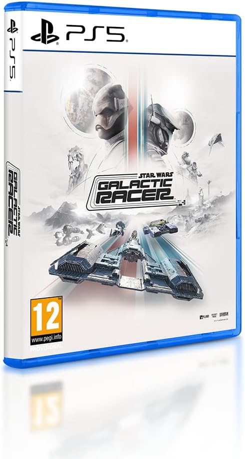 PS5 game case for Star Wars: Galactic Racer 2, featuring white and blue packaging with cover art of a racing ship and characters, shown on a clean white background with a reflection.