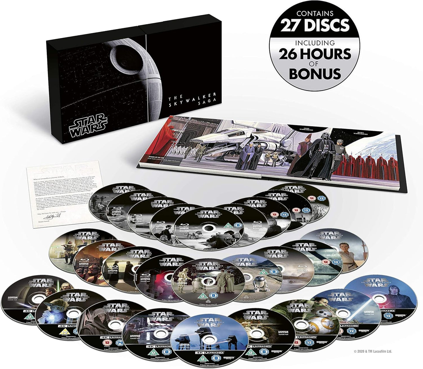 Star Wars: The Empire Strikes Back 27-disc special edition home video set, including a black illustrated box, a printed booklet, and many CD-R discs arranged on a white background. A circular badge in the top right says it contains 27 discs including 26 hours of bonus film.