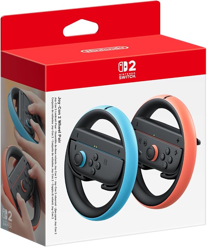 Box of Nintendo Switch steering wheel and gear shift controller pair with red top and white sides.