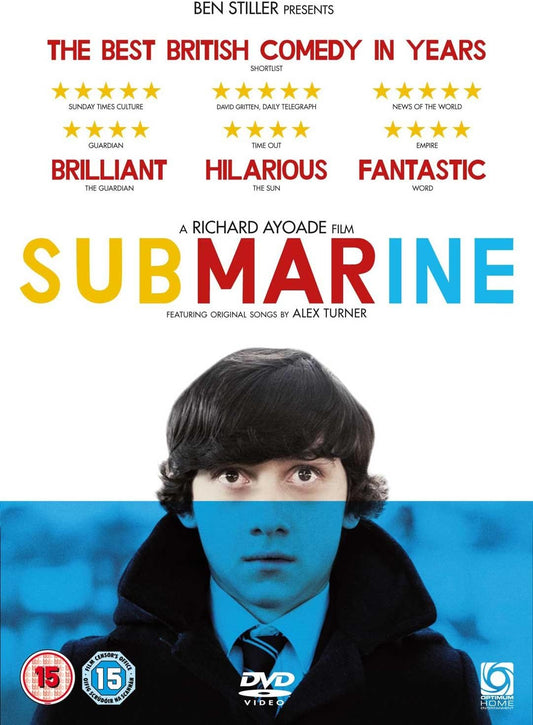 Movie poster for 'Submarine' with a young man's face partially covered by blue color swatches.