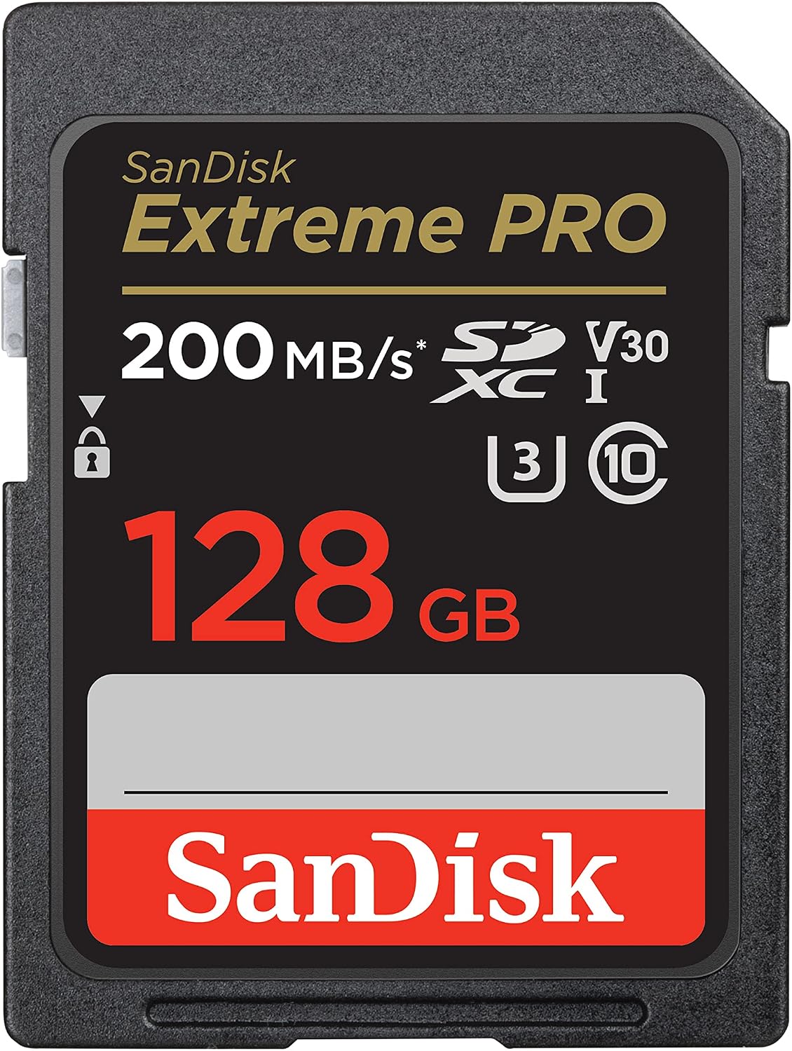 SanDisk Extreme Pro 256GB SD card with specifications on a black background