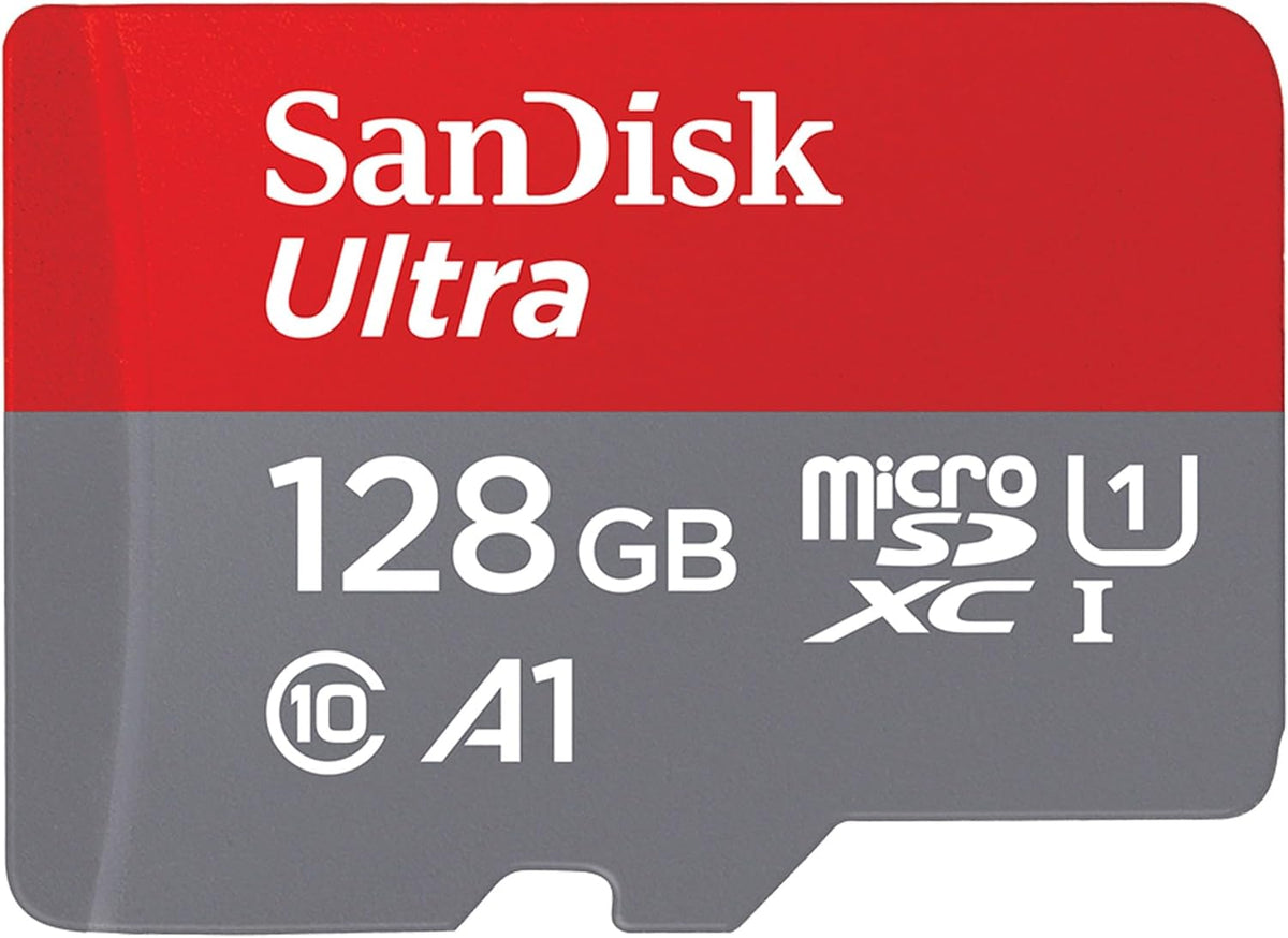 SanDisk Ultra 128GB microSDXC card with red and gray design