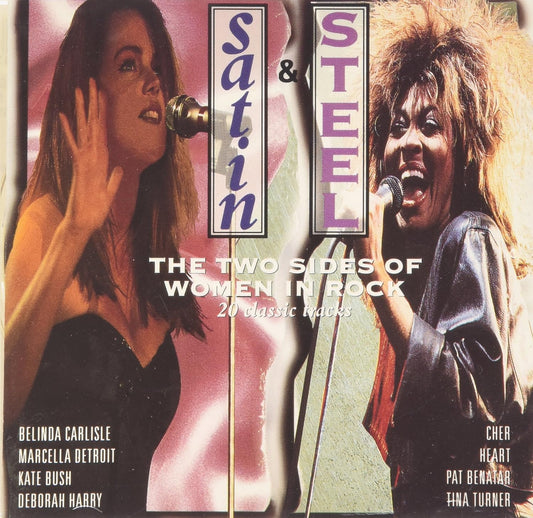 Album cover for 'Satin & Steel' featuring two women singing with text about women in rock music.