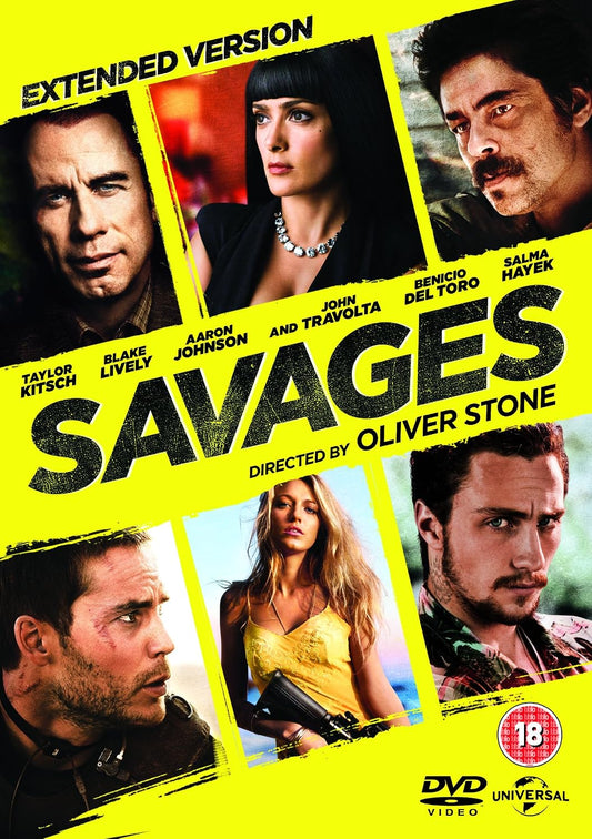 DVD cover for the extended version of the movie 'Savages' directed by Oliver Stone, featuring cast portraits and a bright yellow background with large black title text.