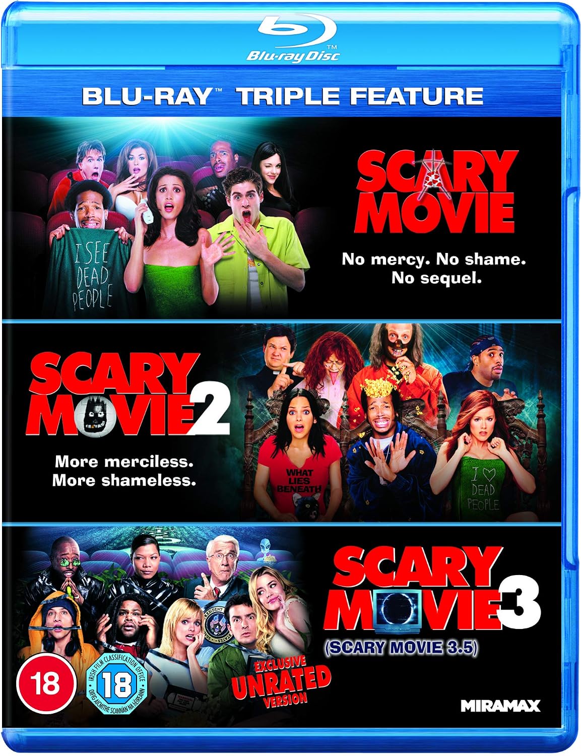 Blu-ray triple feature cover for Scary Movie, Scary Movie 2, and Scary Movie 3, showing cast group photos across three movie sections on a blue Blu-ray case.