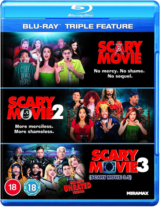 Blu-ray triple feature cover for Scary Movie, Scary Movie 2, and Scary Movie 3, showing cast group photos across three movie sections on a blue Blu-ray case.