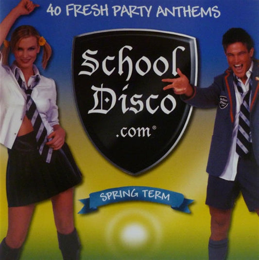 Promotional poster for 'School Disco' with two people in school uniforms and a shield logo.