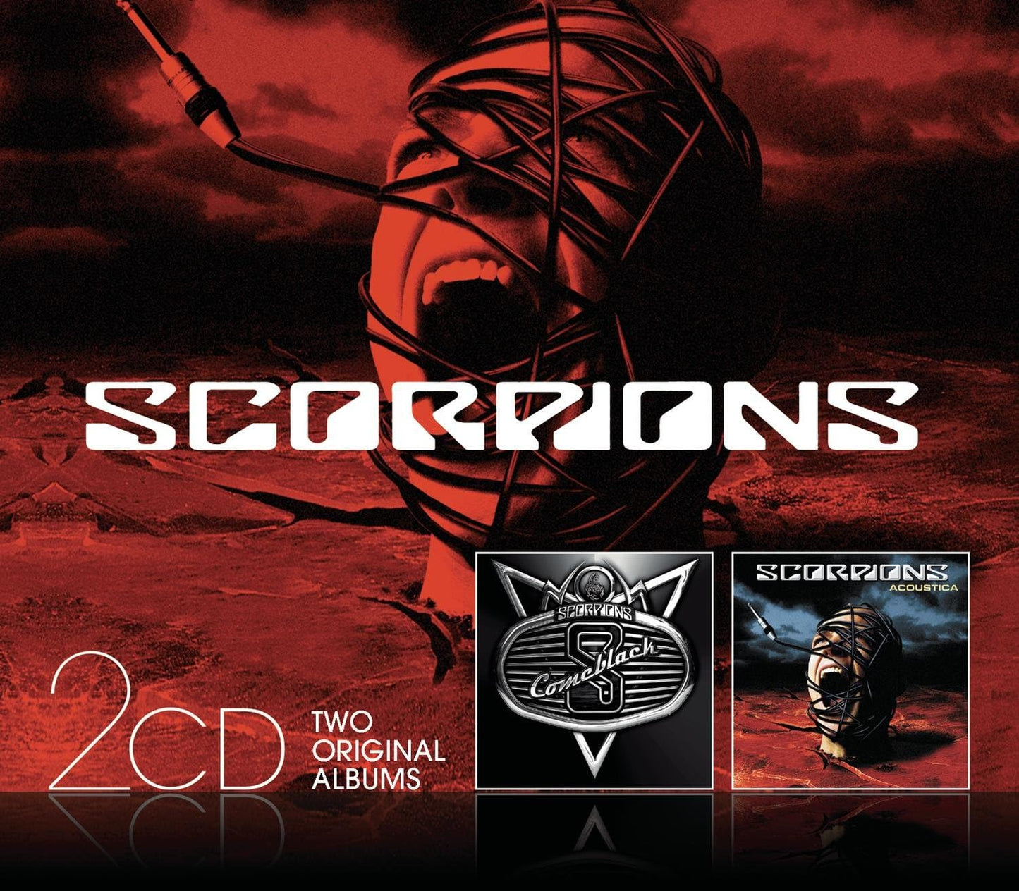 Scorpions album cover with a red and black color scheme, featuring the band's logo and two album covers.