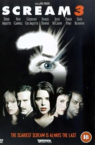 Scream 3 movie cover art featuring a large glowing eye on a black background, the title 'SCREAM 3' at the top, cast names above, five characters at the bottom, and an 18 rating badge in the lower right corner.