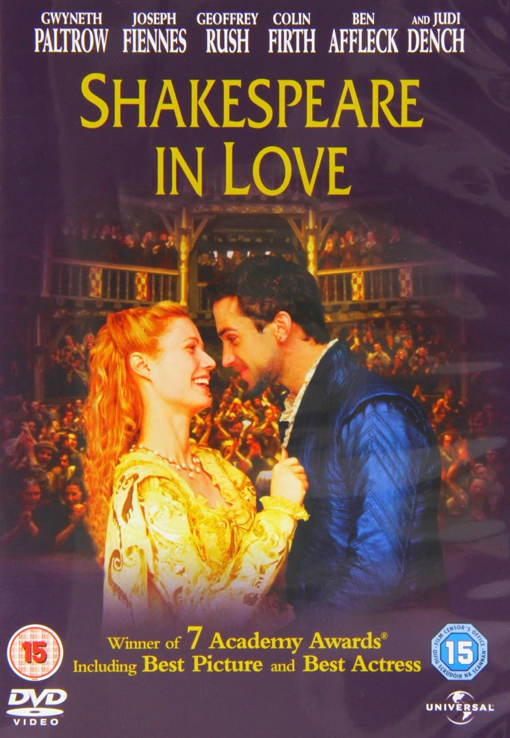 DVD cover for the film 'Shakespeare in Love' featuring the cast on a purple-toned background with a couple in an opera house. Visible text includes actor names at the top, the title 'Shakespeare in Love' in large yellow letters, and DVD and Universal logos at the bottom.