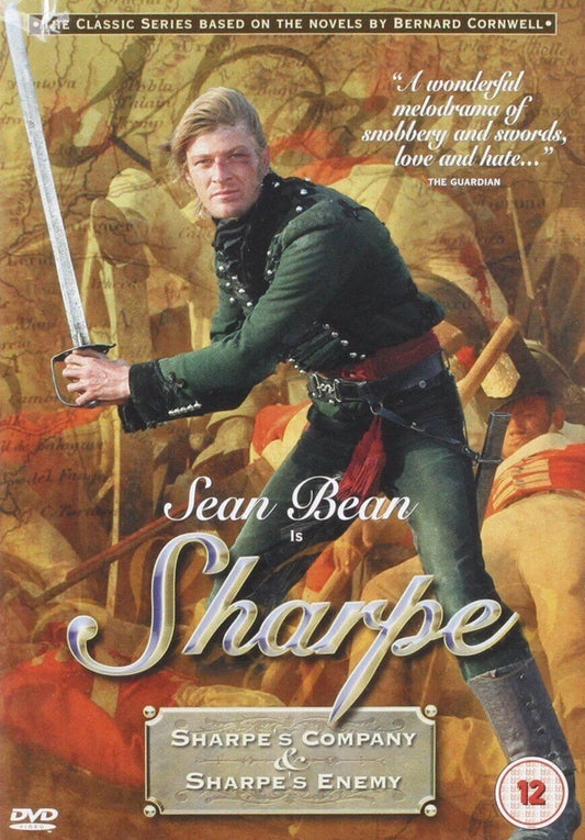 DVD cover of 'Sharpe' featuring a character with a sword, set against a historical battle scene.