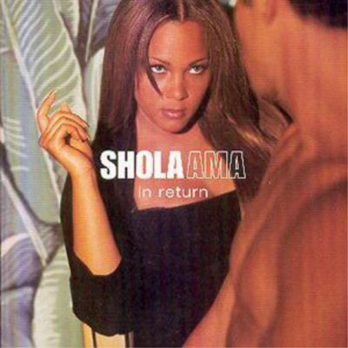 Album cover for Shola Ama's 'In Return', featuring a woman in a black top looking at her reflection, with a shirtless man in the foreground and the text 'SHOLA AMA in return' across the center.
