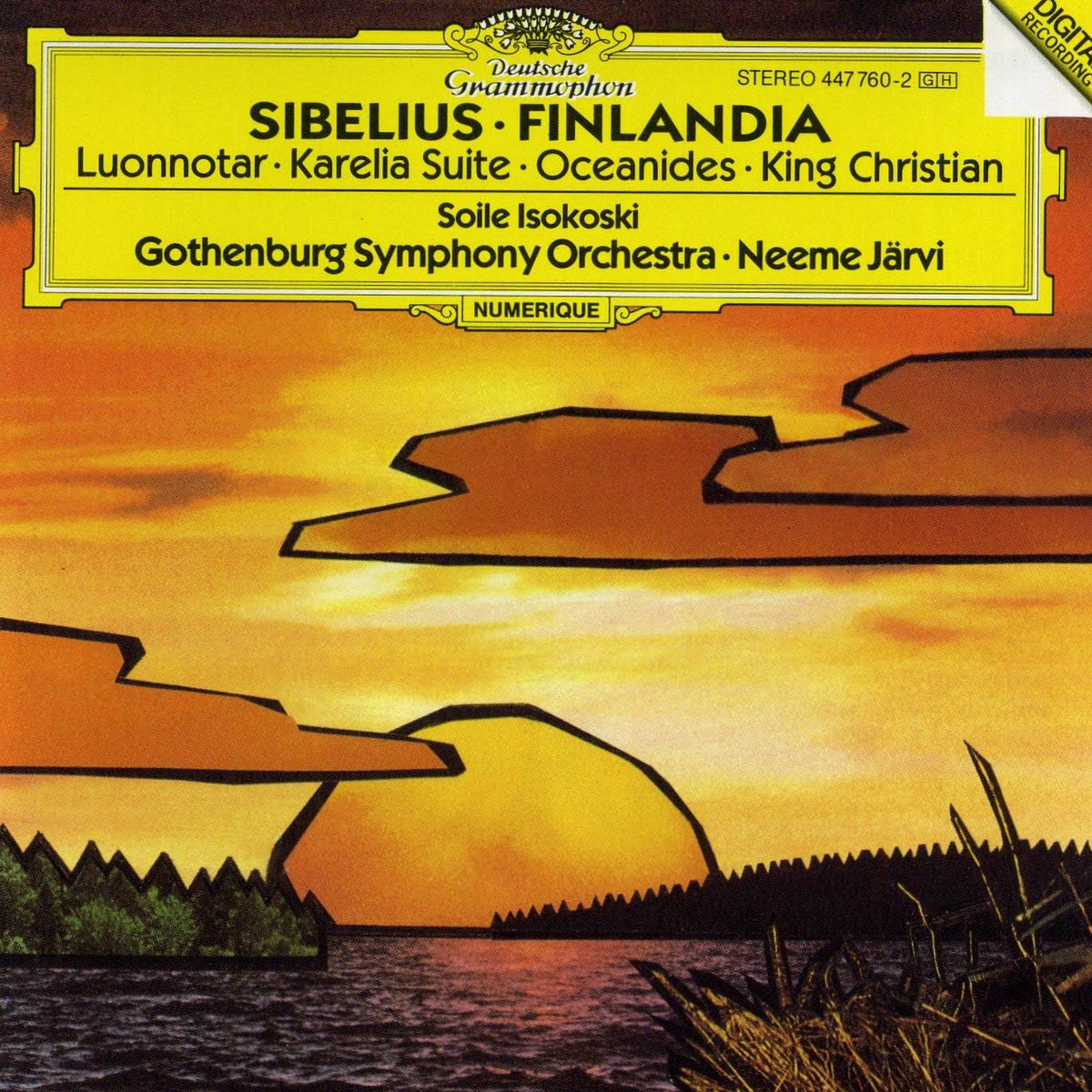 CD cover for Sibelius' Finlandia performed by the Gothenburg Symphony Orchestra and Neeme Järvi, featuring a yellow title block over a stylized orange sunset landscape with water and dark tree silhouettes.