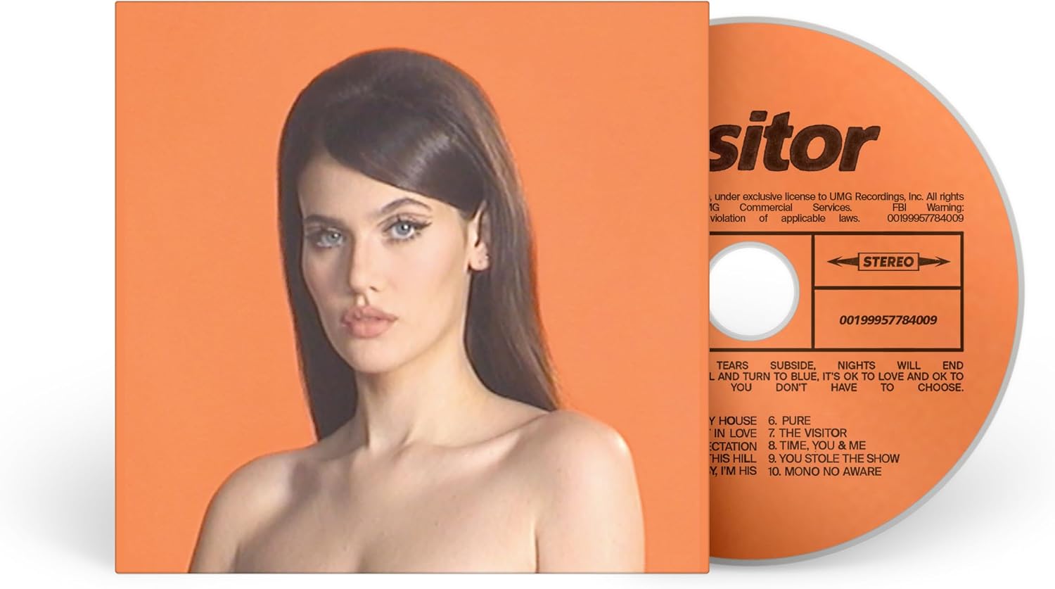 A vinyl record and its album cover for the artist Visitor, featuring a portrait of a woman against a solid orange background. The record and cover are orange with black text.