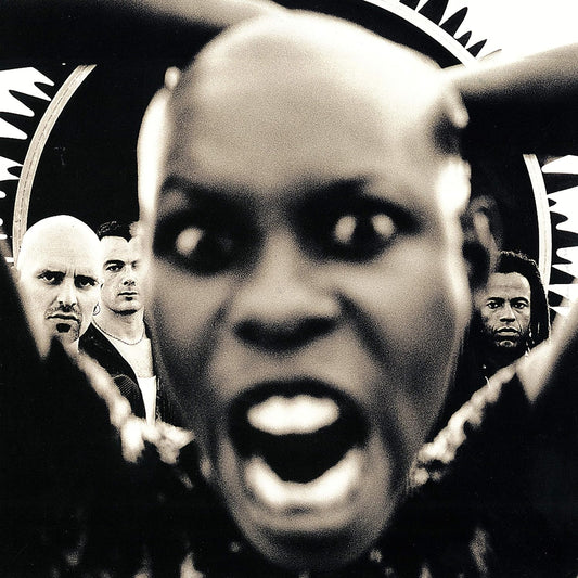 Black and white album cover with a person in the foreground and others in the background.