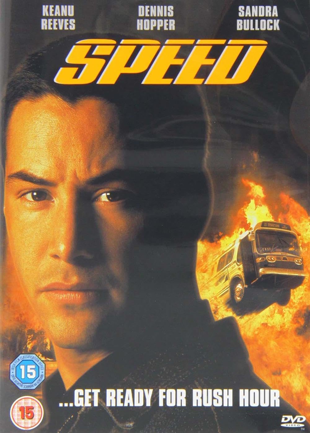 Movie poster for 'Speed' featuring Keanu Reeves with a fiery background.