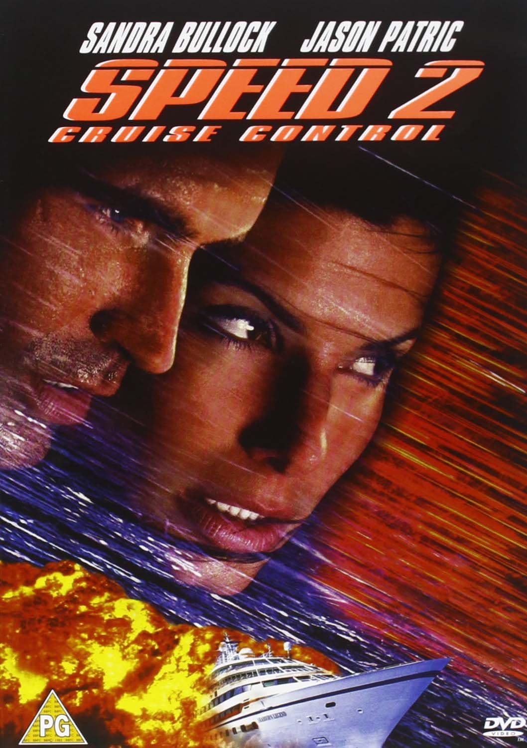 Movie poster for 'Speed 2: Cruise Control' featuring a close-up of two characters with a ship and explosion in the background.