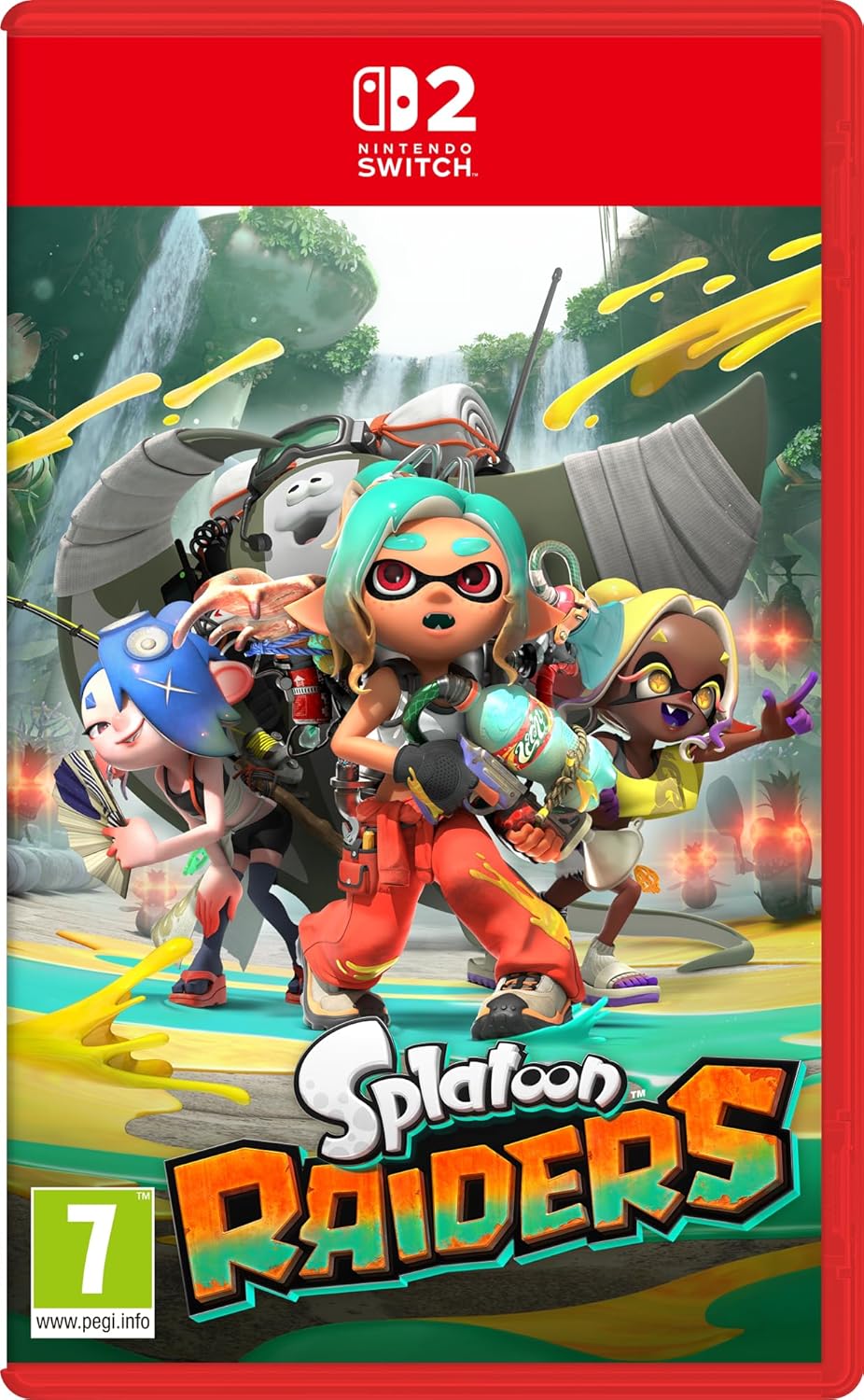 Game cover for 'Splatoon Raiders' on Nintendo Switch with colorful characters and red border.