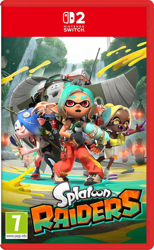 Game cover for 'Splatoon Raiders' on Nintendo Switch with colorful characters and red border.