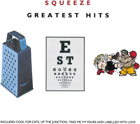 Album cover art for 'Squeeze Greatest Hits' featuring a blue metal grater on the left, an eye chart with the word 'EST' in black on the center, and a cartoon boxing match on the right, all on a white background with the album title at the top.