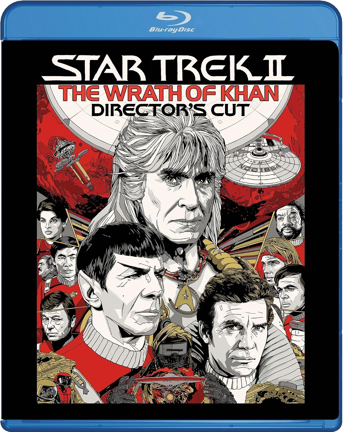 Blu-ray cover for Star Trek II: The Wrath of Khan Director's Cut, featuring illustrated character portraits and red-and-black artwork inside a blue Blu-ray case.