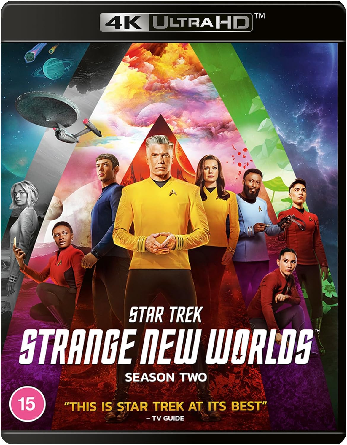 Star Trek: Strange New Worlds Season Two 4K Ultra HD Blu-ray cover featuring the main cast in Starfleet uniforms against a colorful triangular space-themed background with the USS Enterprise and other spacecraft.