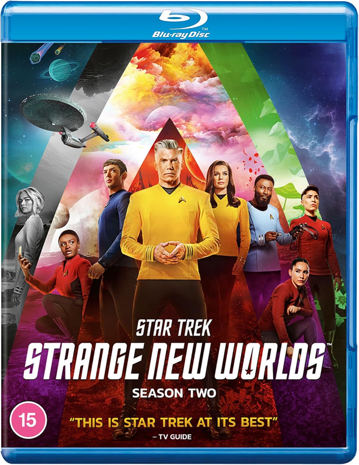 Blu-ray cover for Star Trek: Strange New Worlds Season Two, featuring the main cast in colorful space-themed artwork with a blue Blu-ray case border.