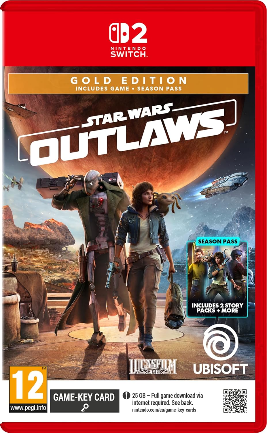 Star Wars Outlaws Gold Edition packaging for Nintendo Switch with characters and game details.