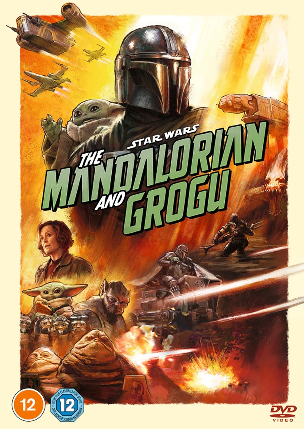 DVD cover art for Star Wars: The Mandalorian and Grogu, featuring the Mandalorian, Grogu, Yoda, and other Star Wars characters in a fiery space-and-dust battle scene, with title text and DVD logo.