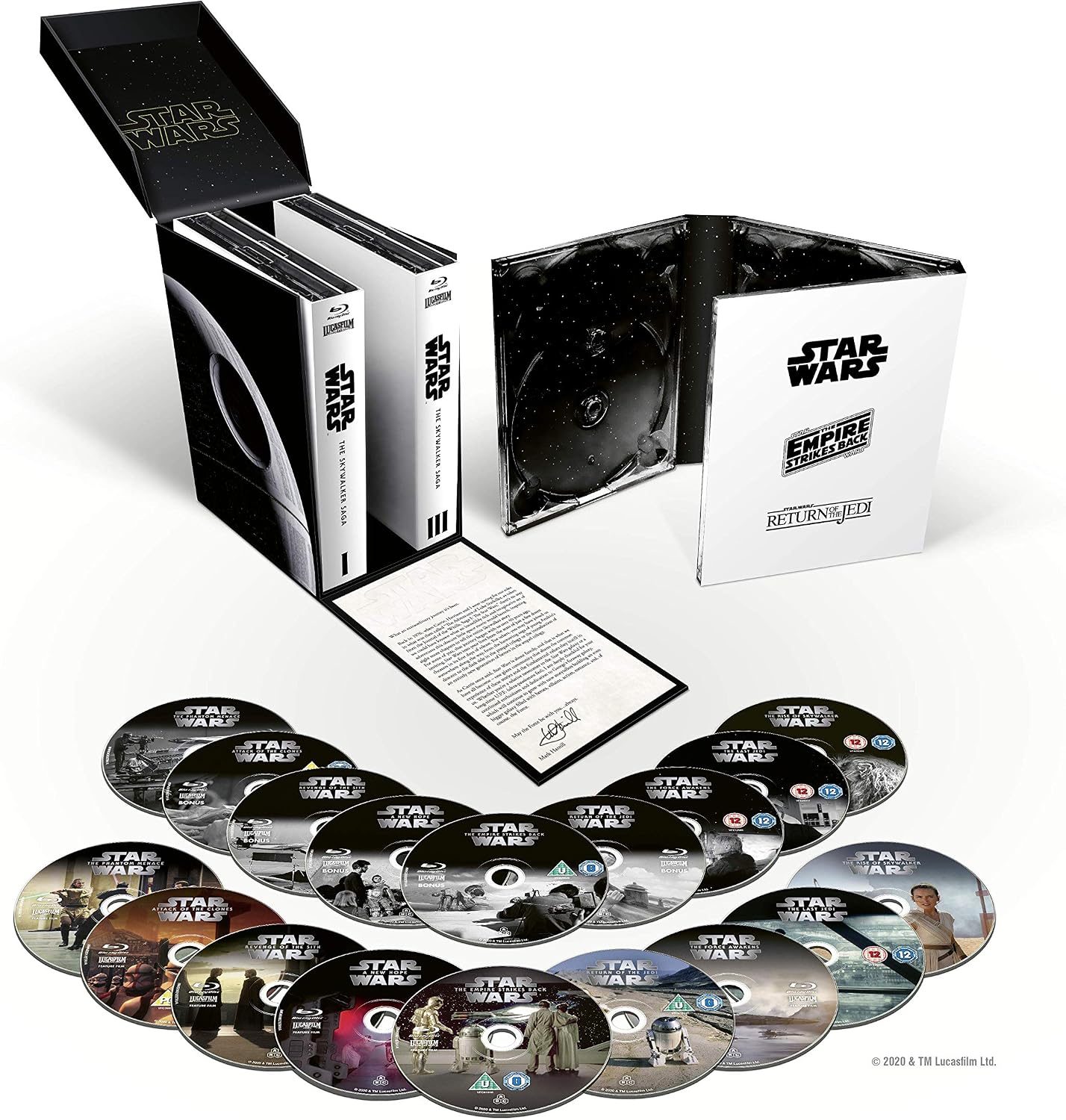 Star Wars: The Visual Dictionary 4K Ultra HD Blu-ray box set with multiple discs arranged in front of the open packaging on a clean white background.