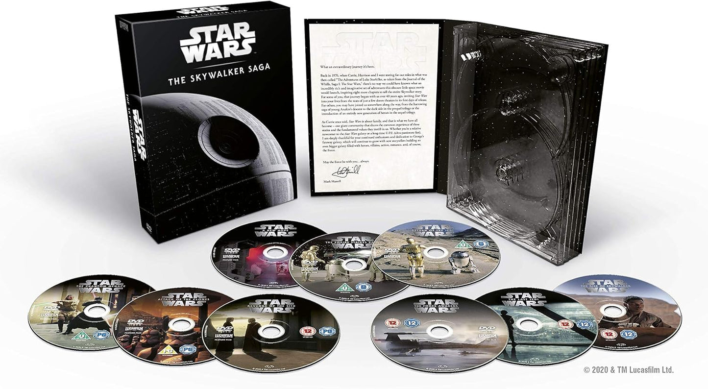 Star Wars: The Skywalker Saga 4K Ultra HD Blu-ray box set, featuring the black slipcase, an open letter insert, a shrink-wrapped disc case, and all eight Blu-ray discs arranged in front on a white background.