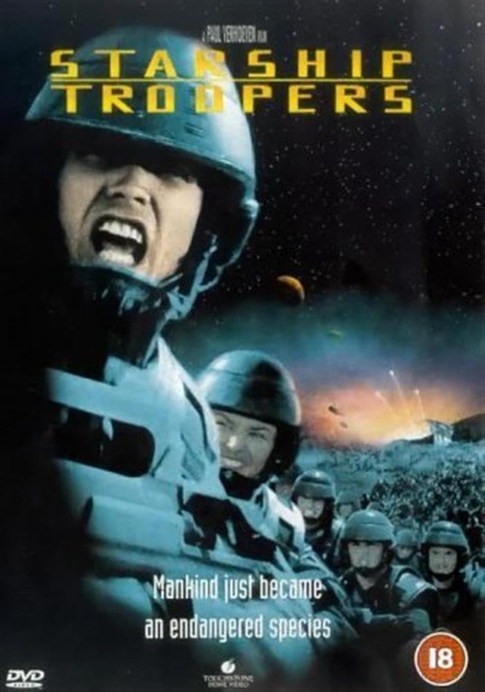 Movie poster for 'Starship Troopers' featuring soldiers in space suits with a space battle background.